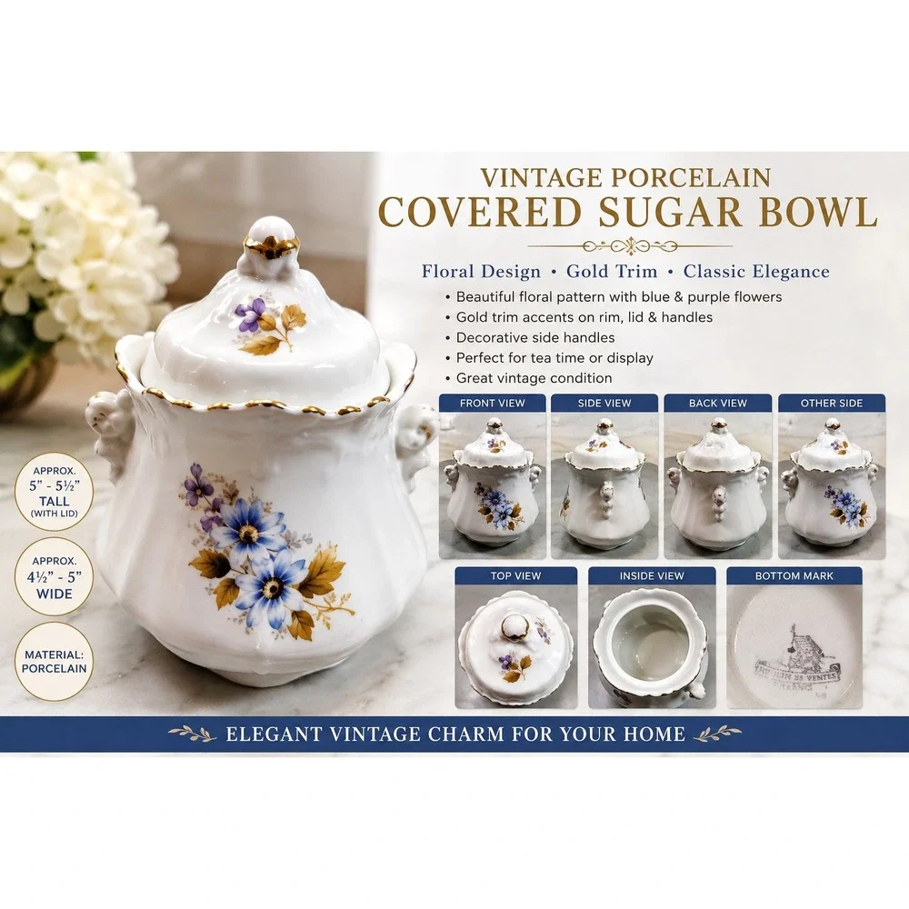 Vintage Porcelain Covered Sugar Bowl Floral Blue Purple Gold Trim Scalloped Edge